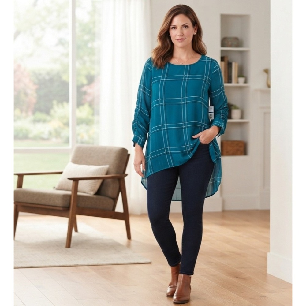 Alfani Rare Earth Windowpane Plaid Tunic Top Teal Blue High-Low XL 100065447MS